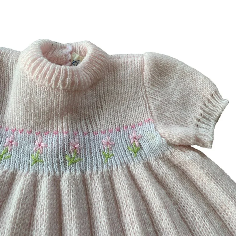 Vintage Lindarte Floral Embroidered Mock Neck Pastel Sweater Dress 0-3 Months